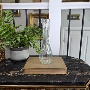 Vintage Tall Clear Glass Ribbed Bud Vase - Long Neck Fluted Art Deco Style 10.5"